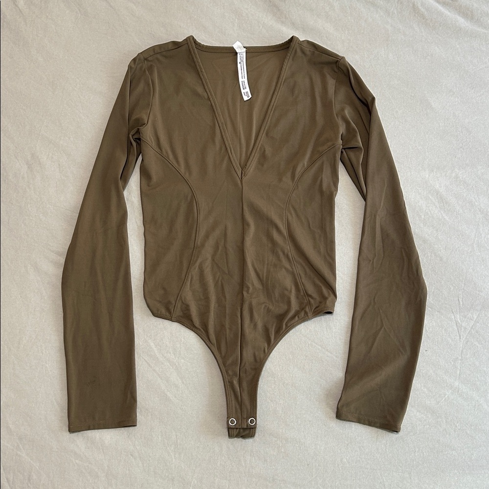 Free People Olive Green Long Sleeve V-Neck Bodysuit